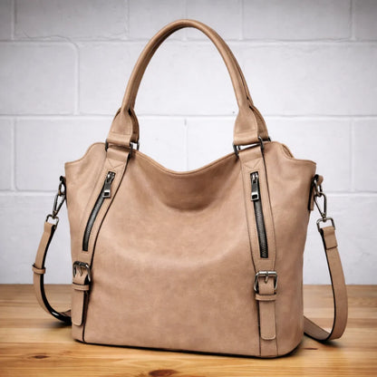 Women's faux-leather slouchy crossbody shoulder bag with dual zipper pockets – Light Brown