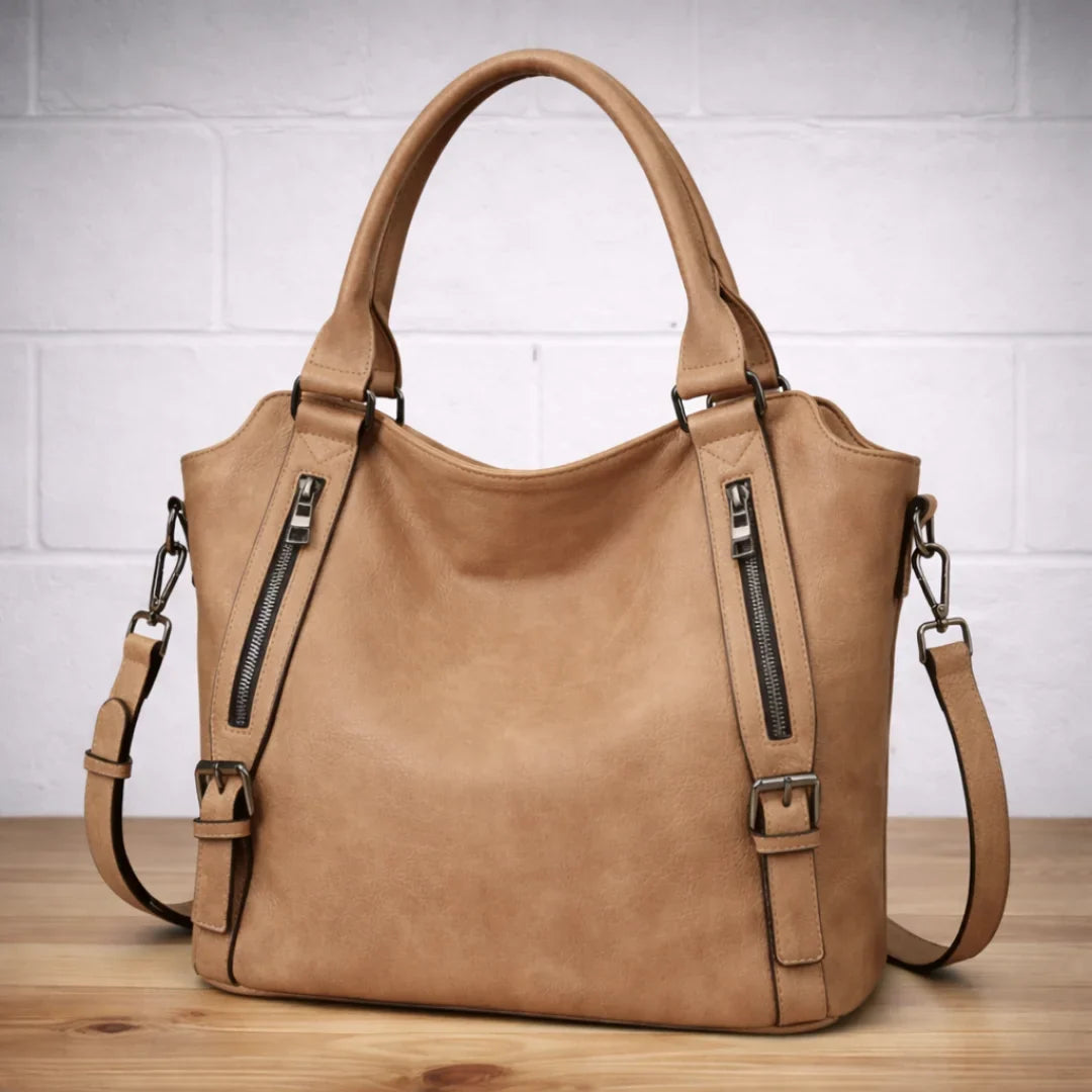 Women's faux-leather slouchy crossbody shoulder bag with dual zipper pockets – Oatmeal
