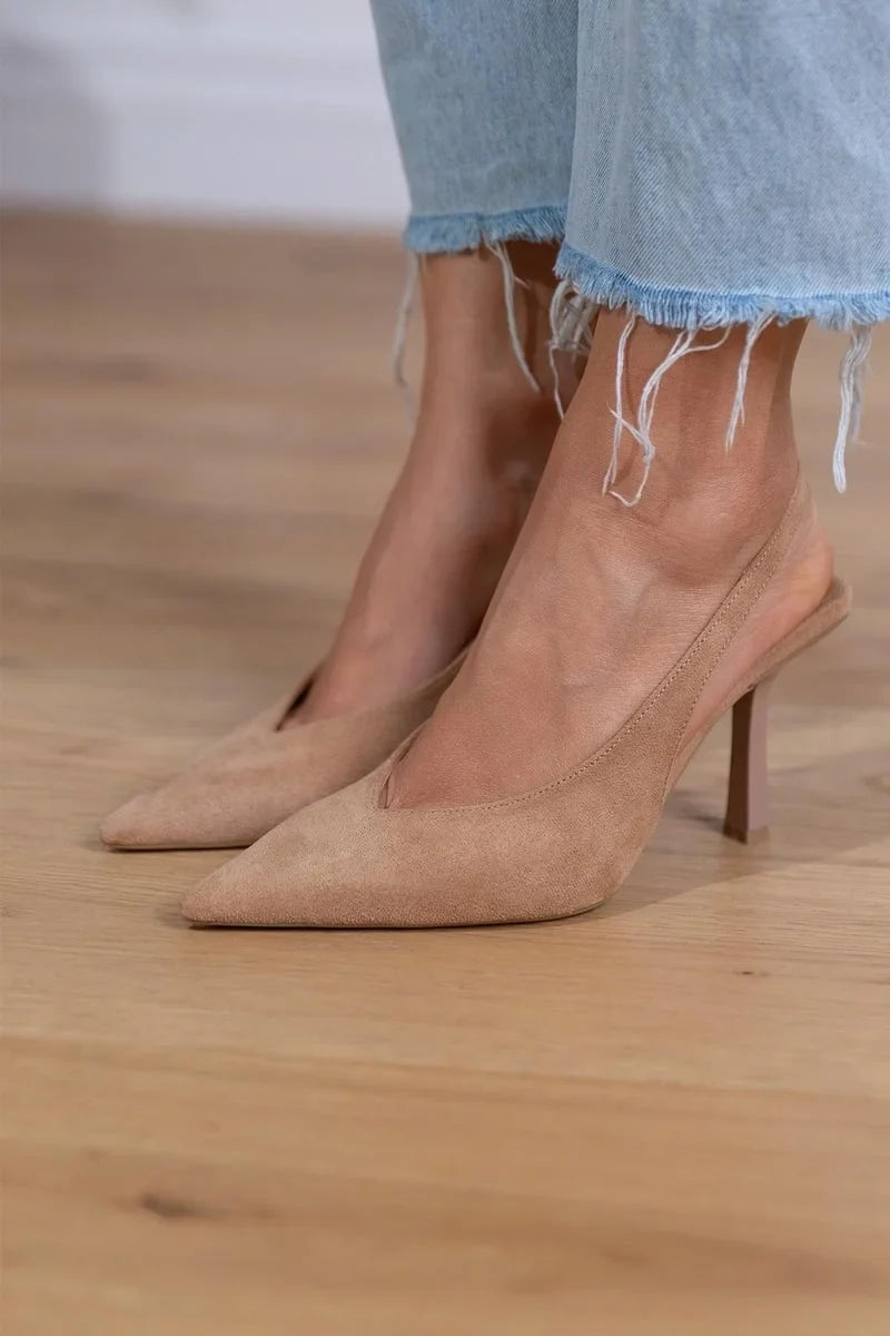 Women's suede pointed-toe pumps with slingback stiletto heel – Brown