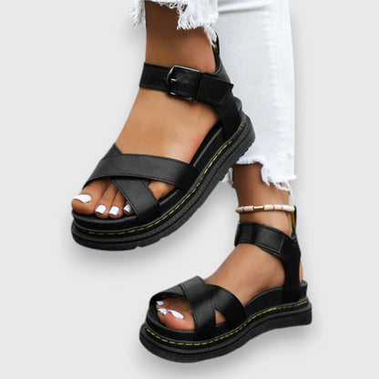 Women's faux leather platform sandals with criss-cross adjustable straps – Black