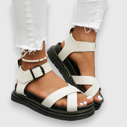 Women's faux leather platform sandals with criss-cross adjustable straps – White
