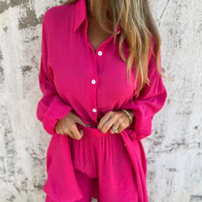 Women's textured casual matching set with long-sleeve button-up shirt and shorts