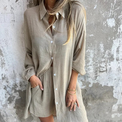 Women's textured casual matching set with long-sleeve button-up shirt and shorts