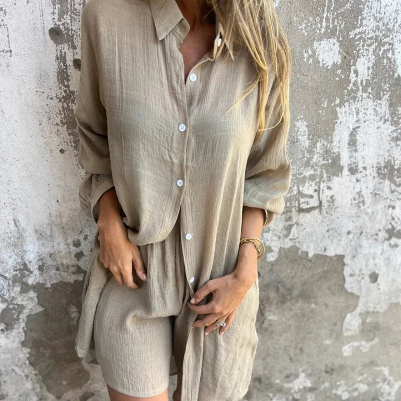 Women's textured casual matching set with long-sleeve button-up shirt and shorts