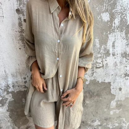 Women's textured casual matching set with long-sleeve button-up shirt and shorts
