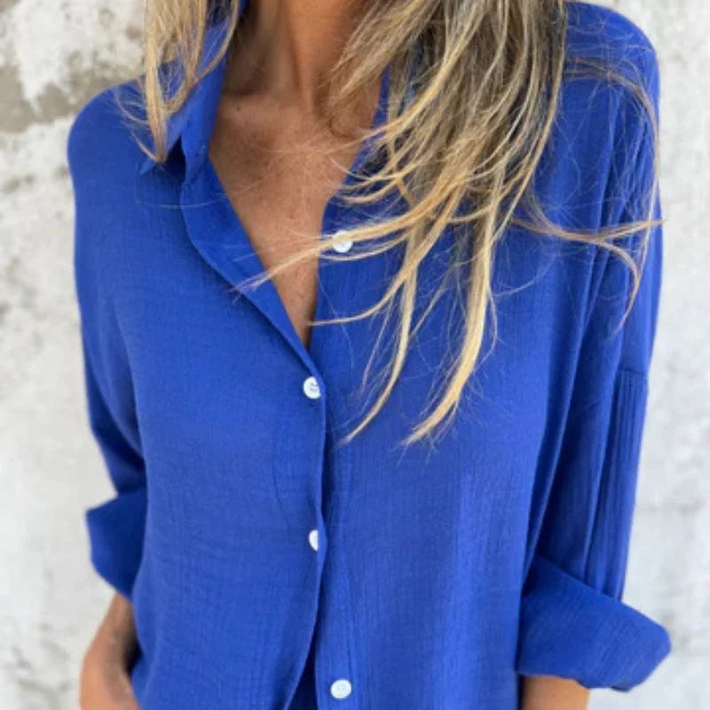 Women's textured casual matching set with long-sleeve button-up shirt and shorts