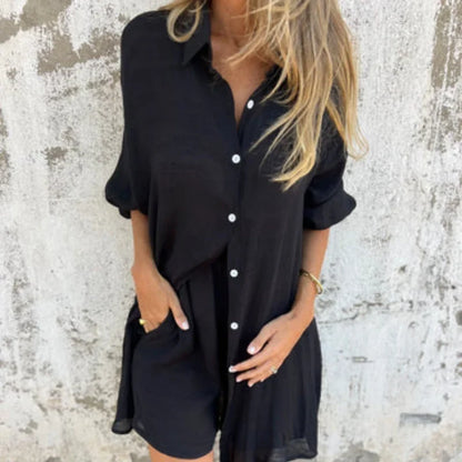 Women's textured casual matching set with long-sleeve button-up shirt and shorts – Black