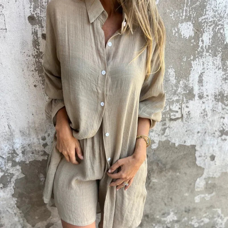 Women's textured casual matching set with long-sleeve button-up shirt and shorts – Khaki