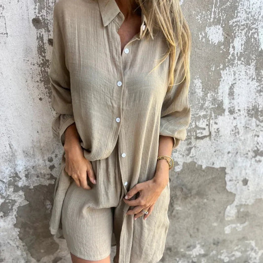 Women's textured casual matching set with long-sleeve button-up shirt and shorts – Khaki