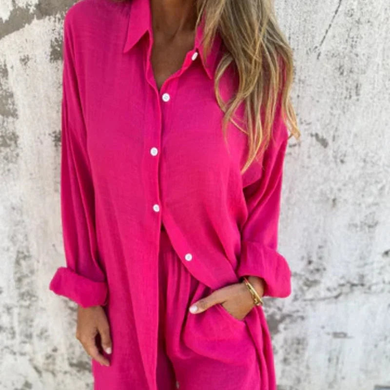 Women's textured casual matching set with long-sleeve button-up shirt and shorts – Pink