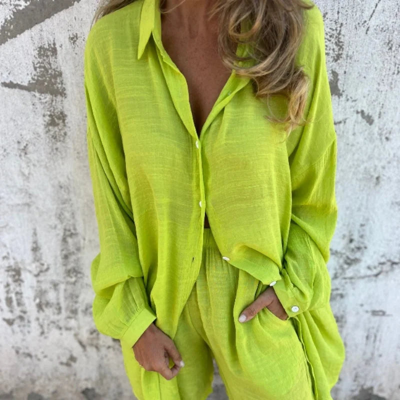 Women's textured casual matching set with long-sleeve button-up shirt and shorts – Yellow Green