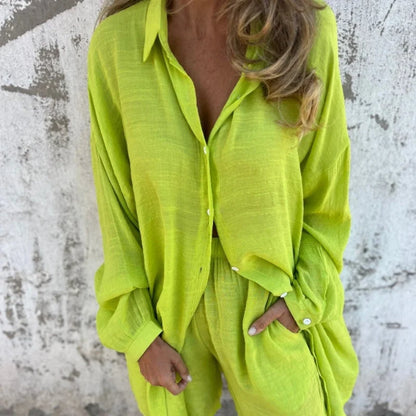 Women's textured casual matching set with long-sleeve button-up shirt and shorts – Yellow Green