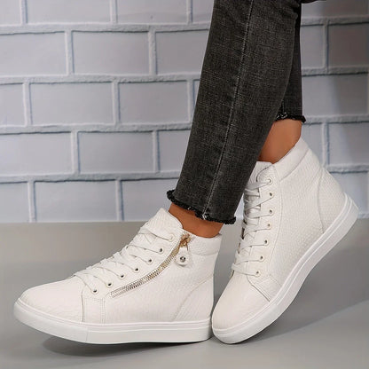 Women's textured faux leather high-top sneakers with lace-up and side-zipper