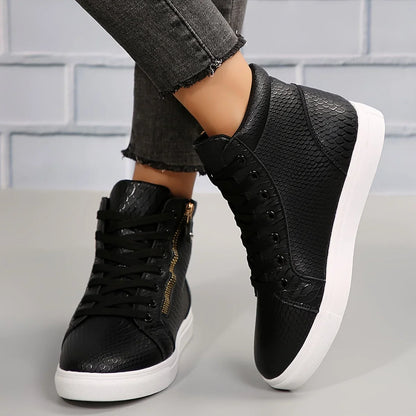 Women's textured faux leather high-top sneakers with lace-up and side-zipper