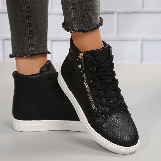 Women's textured faux leather high-top sneakers with lace-up and side-zipper – Black