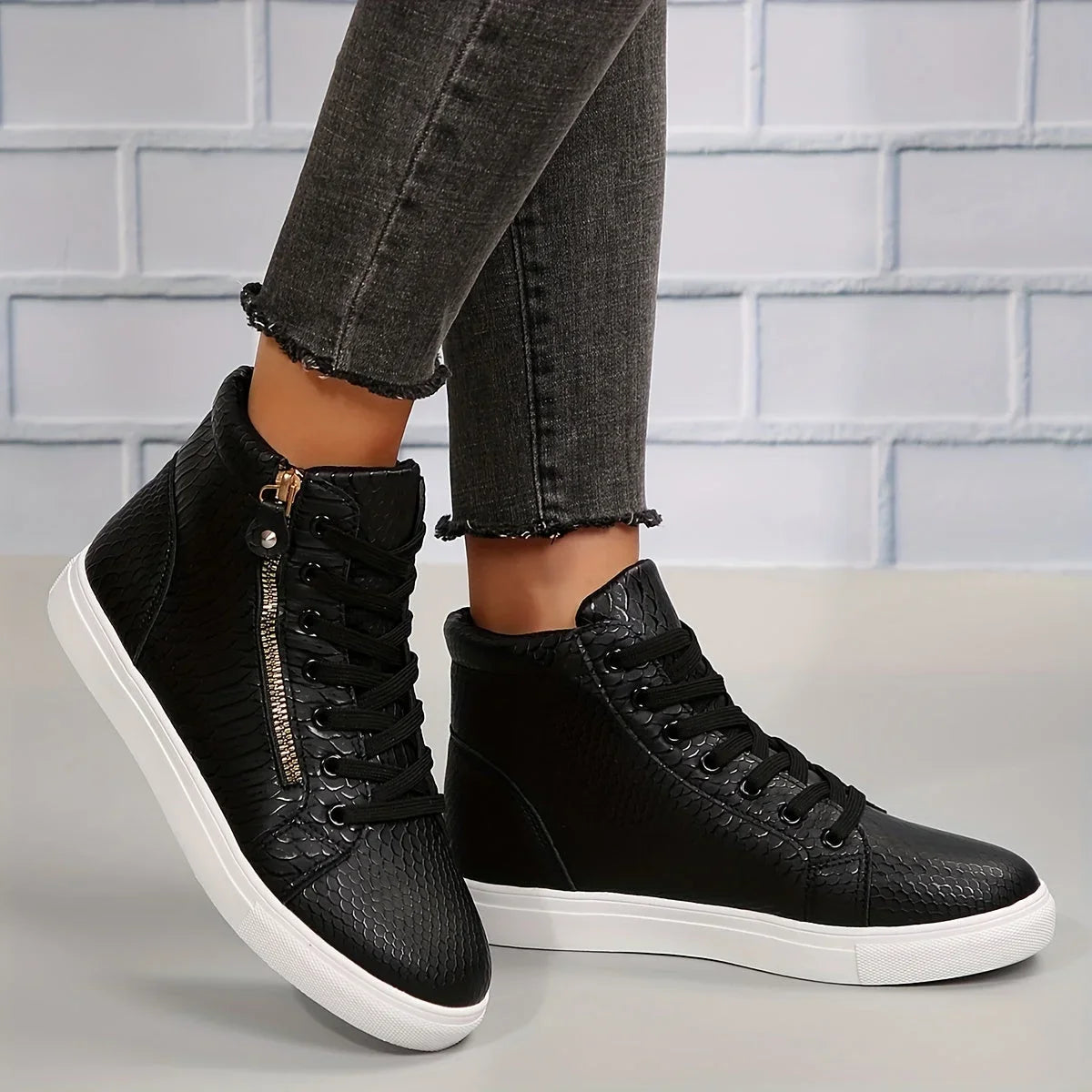 Women's textured faux leather high-top sneakers with lace-up and side-zipper