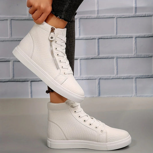 Women's textured faux leather high-top sneakers with lace-up and side-zipper