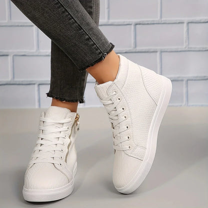 Women's textured faux leather high-top sneakers with lace-up and side-zipper