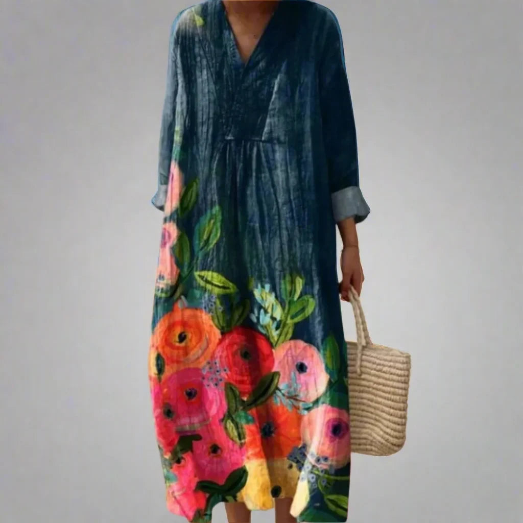 Women's textured floral-print midi dress with V-neck and long-sleeves – Dark Blue