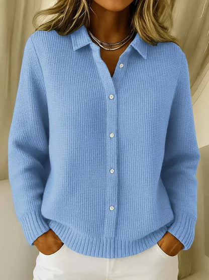 Women's textured knit cardigan sweater with button-front collared V-neck – Blue