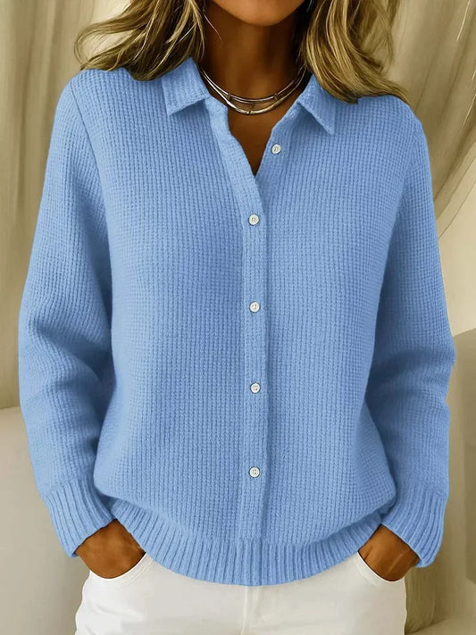 Women's textured knit cardigan sweater with button-front collared V-neck – Blue