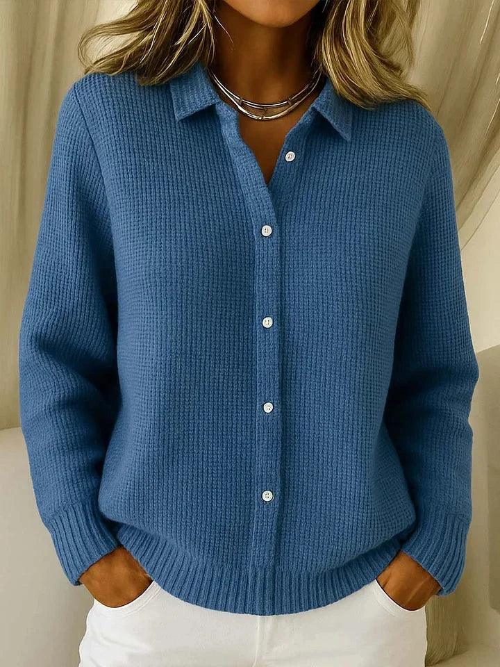 Women's textured knit cardigan sweater with button-front collared V-neck – Dark Blue