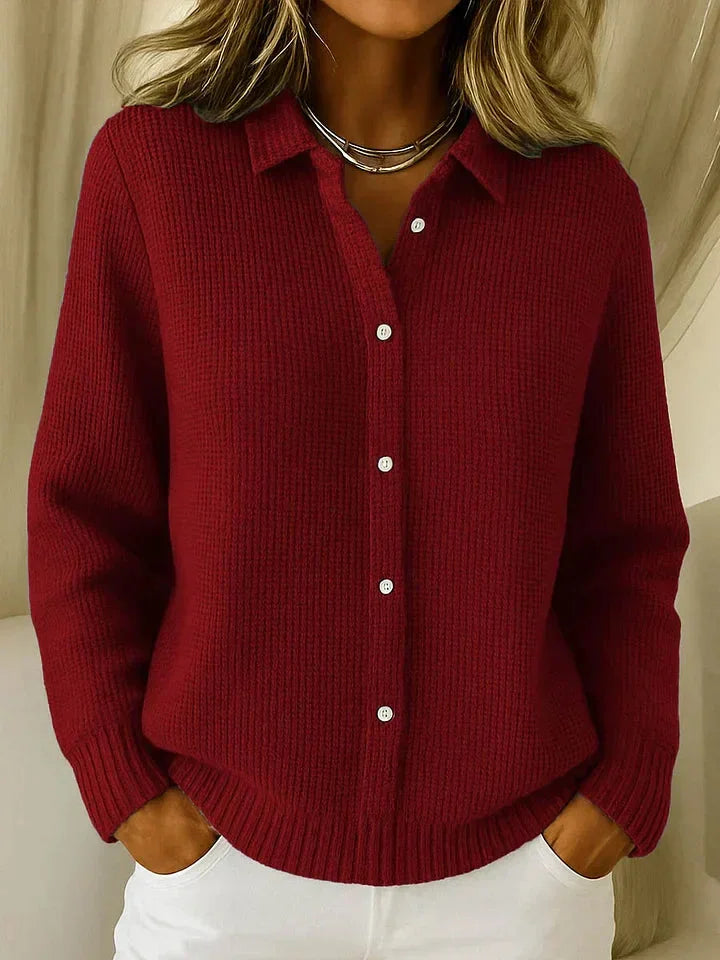 Women's textured knit cardigan sweater with button-front collared V-neck – Dark Red