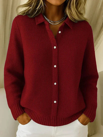 Women's textured knit cardigan sweater with button-front collared V-neck – Dark Red