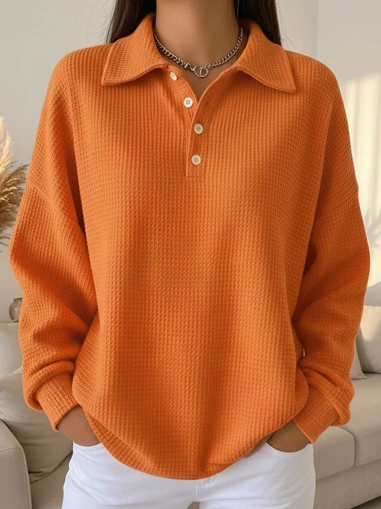 Women's textured knit polo sweater with long-sleeve and buttoned placket – Orange