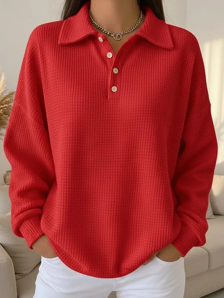 Women's textured knit polo sweater with long-sleeve and buttoned placket – Red