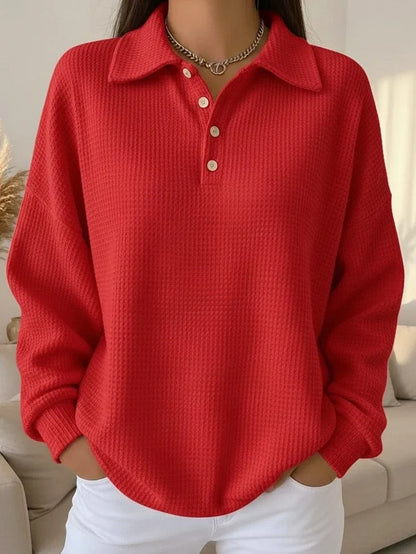 Women's textured knit polo sweater with long-sleeve and buttoned placket – Red