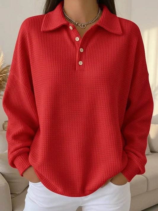 Women's textured knit polo sweater with long-sleeve and buttoned placket – Red