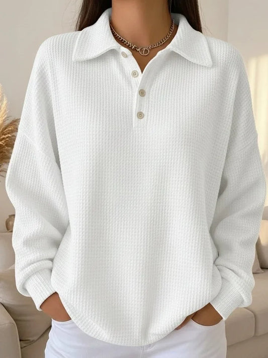 Women's textured knit polo sweater with long-sleeve and buttoned placket – White