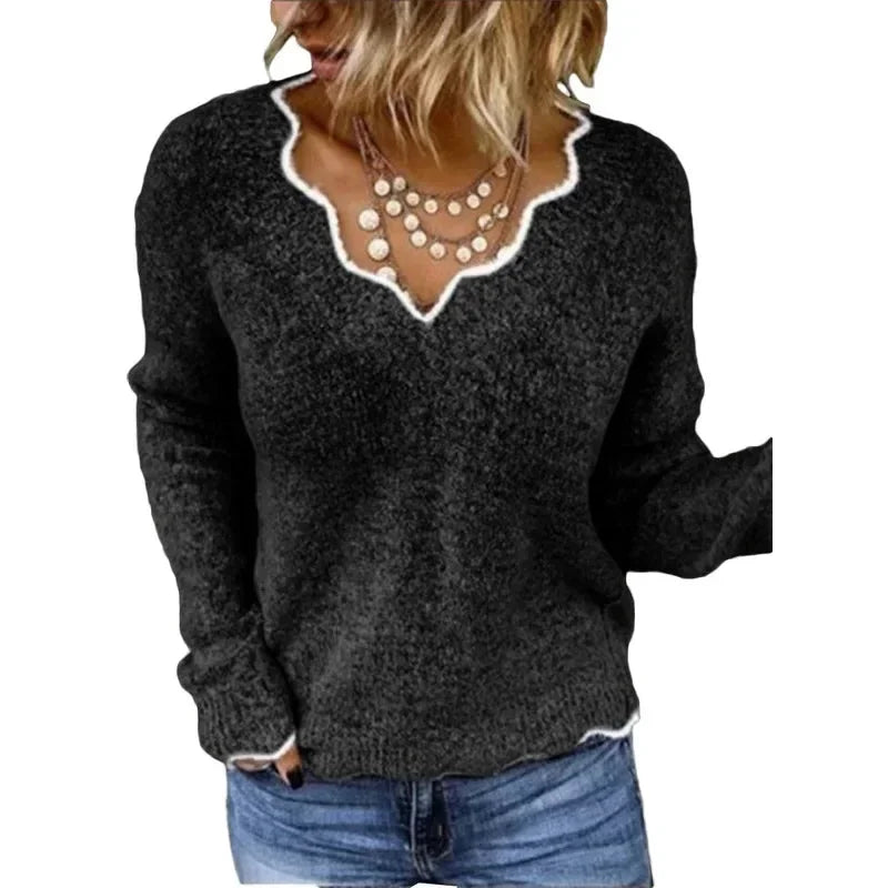 Women's textured knit sweater with contrast scalloped V-neck and long sleeves – Black