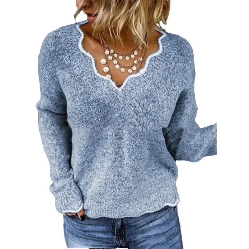 Women's textured knit sweater with contrast scalloped V-neck and long sleeves – Blue