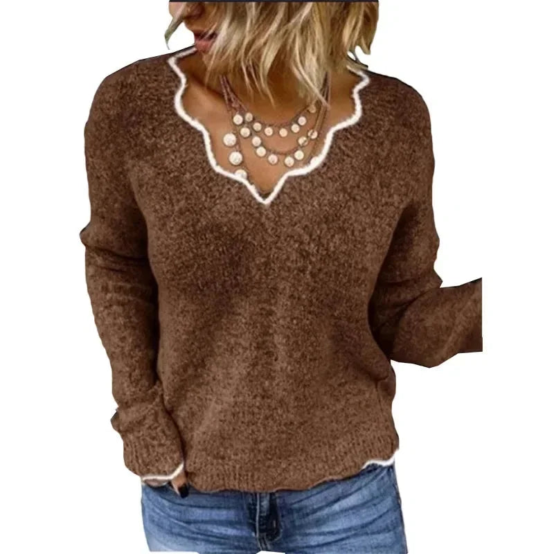 Women's textured knit sweater with contrast scalloped V-neck and long sleeves – Brown