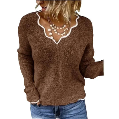 Women's textured knit sweater with contrast scalloped V-neck and long sleeves – Brown