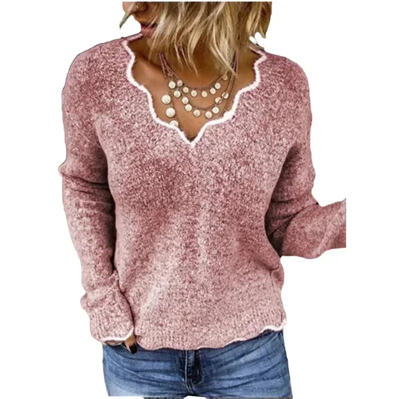 Women's textured knit sweater with contrast scalloped V-neck and long sleeves – Pink