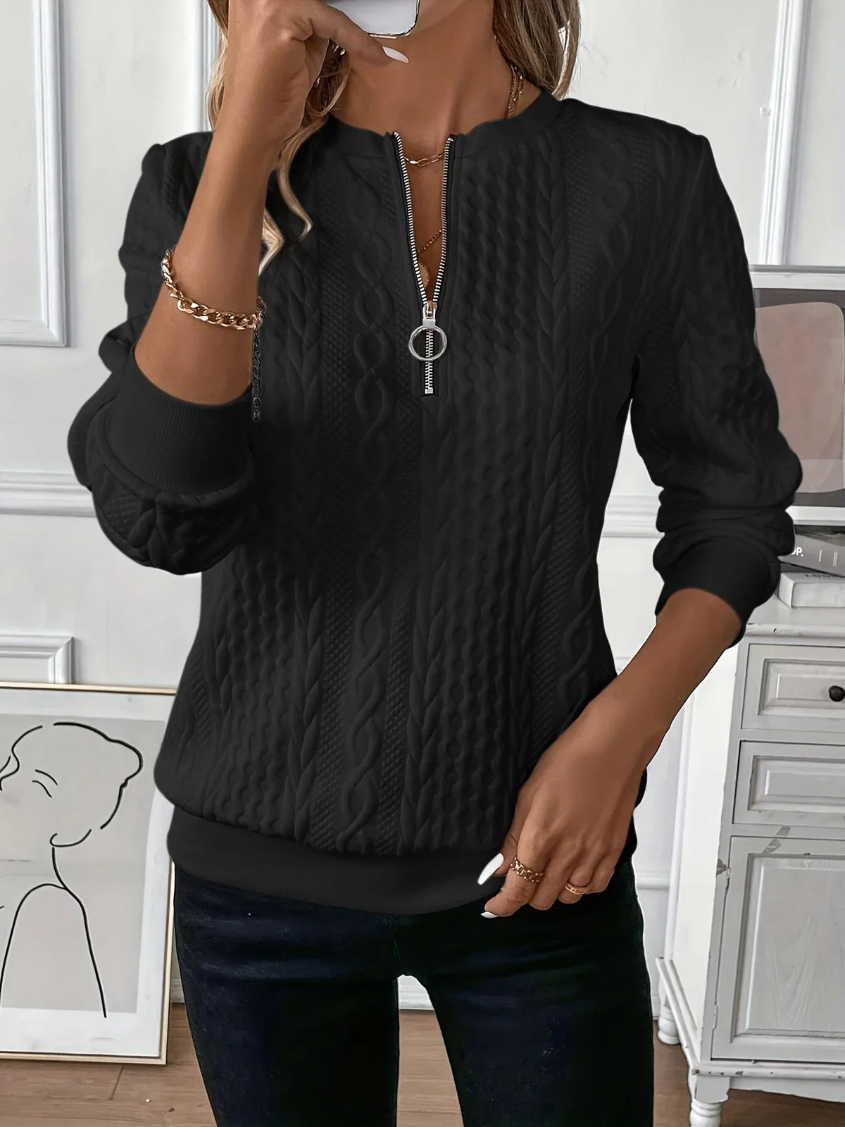 Women's textured knit sweater with quarter-zip closure and long sleeves – Black
