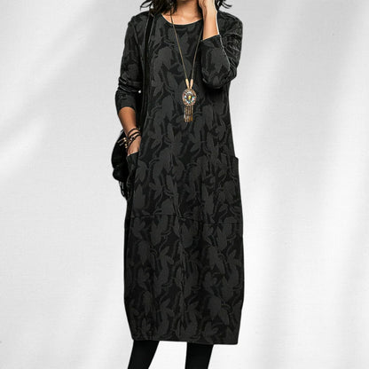 Women's textured leaf winter midi dress with crewneck long-sleeve and side pockets – Black