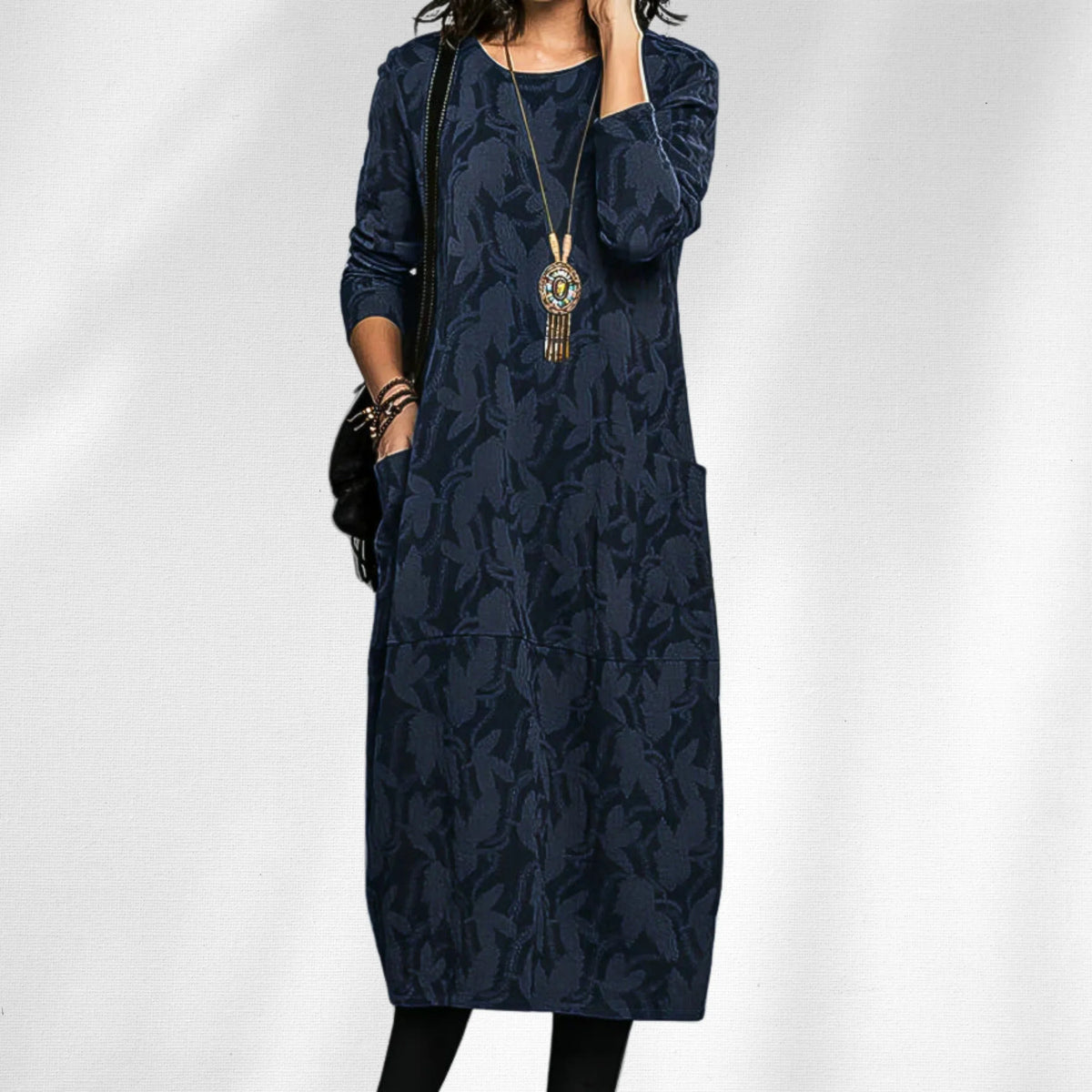 Women's textured leaf winter midi dress with crewneck long-sleeve and side pockets – Blue