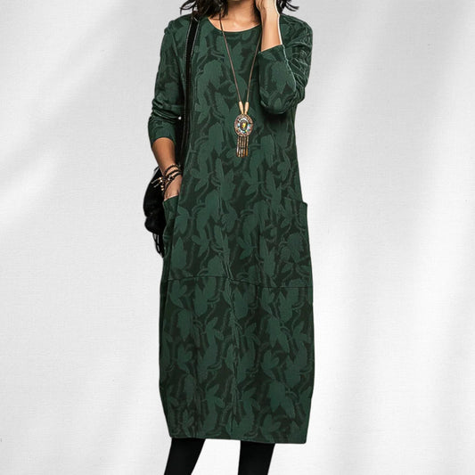 Women's textured leaf winter midi dress with crewneck long-sleeve and side pockets – Green