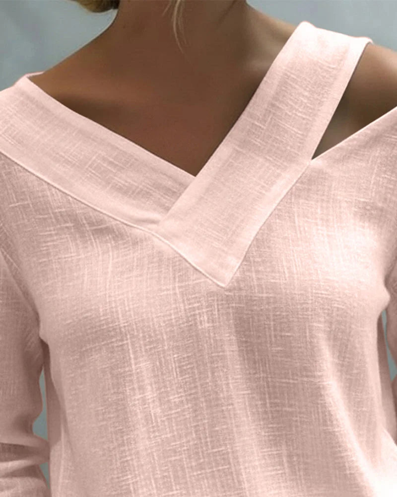 Women's textured long-sleeve top with asymmetric V-neck