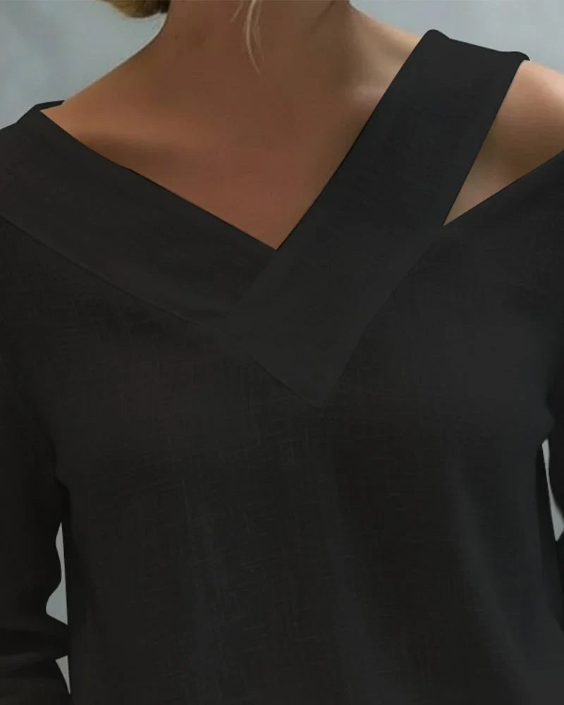 Women's textured long-sleeve top with asymmetric V-neck