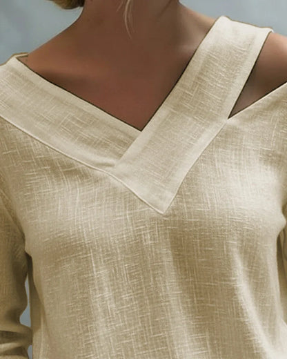 Women's textured long-sleeve top with asymmetric V-neck