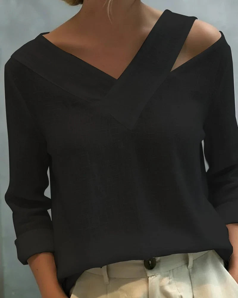 Women's textured long-sleeve top with asymmetric V-neck – Black