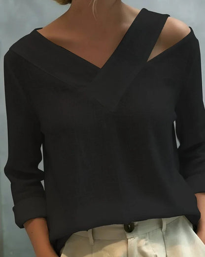 Women's textured long-sleeve top with asymmetric V-neck – Black