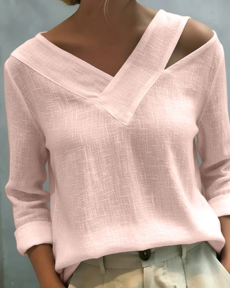 Women's textured long-sleeve top with asymmetric V-neck – Pink