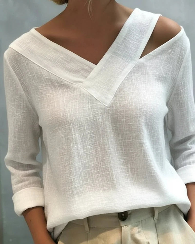 Women's textured long-sleeve top with asymmetric V-neck – White