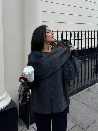Women's textured short cardigan with wide sleeves and asymmetrical draped neckline